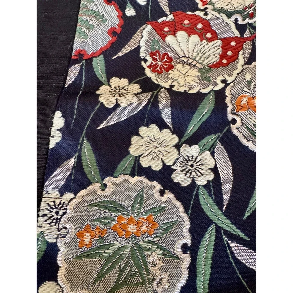 VTG Japanese Kimono‎ Silk Brocade Table Runner Black Navy Butterfly Floral 12x58
